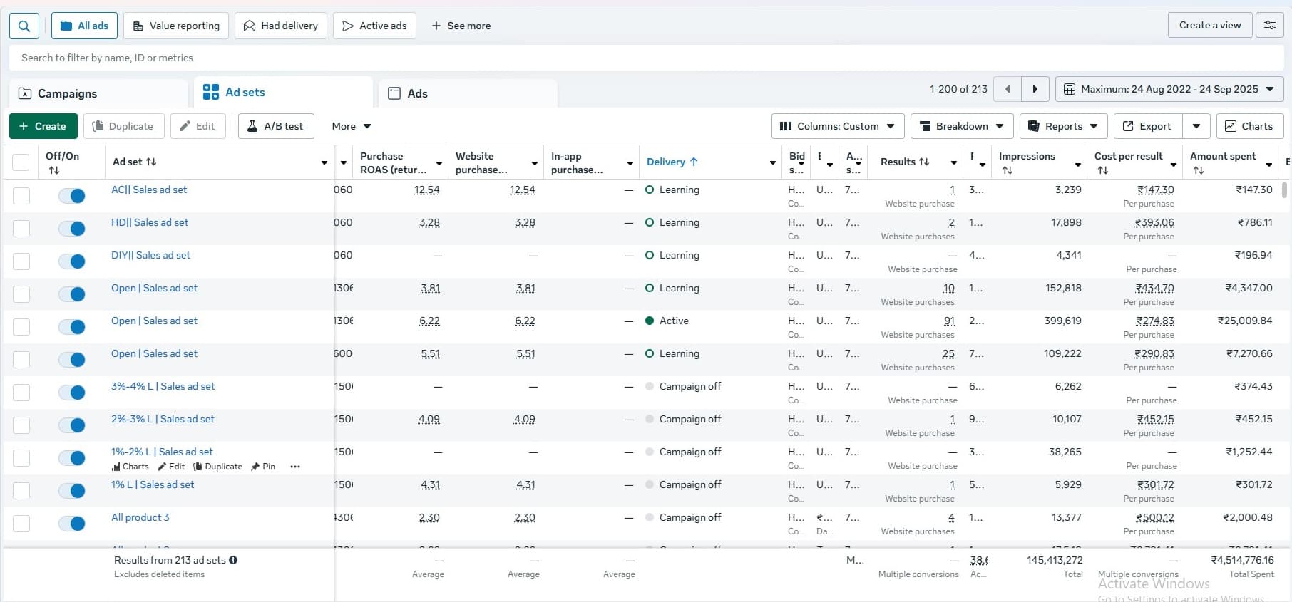 Meta Ads Manager showing 213 ad sets for Home Pine