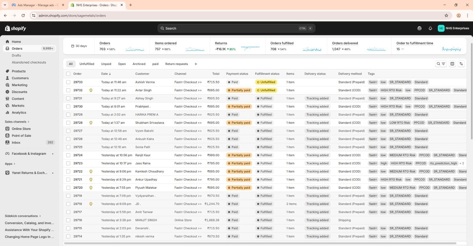 Shopify orders dashboard showing partial payment orders for Sage Metals