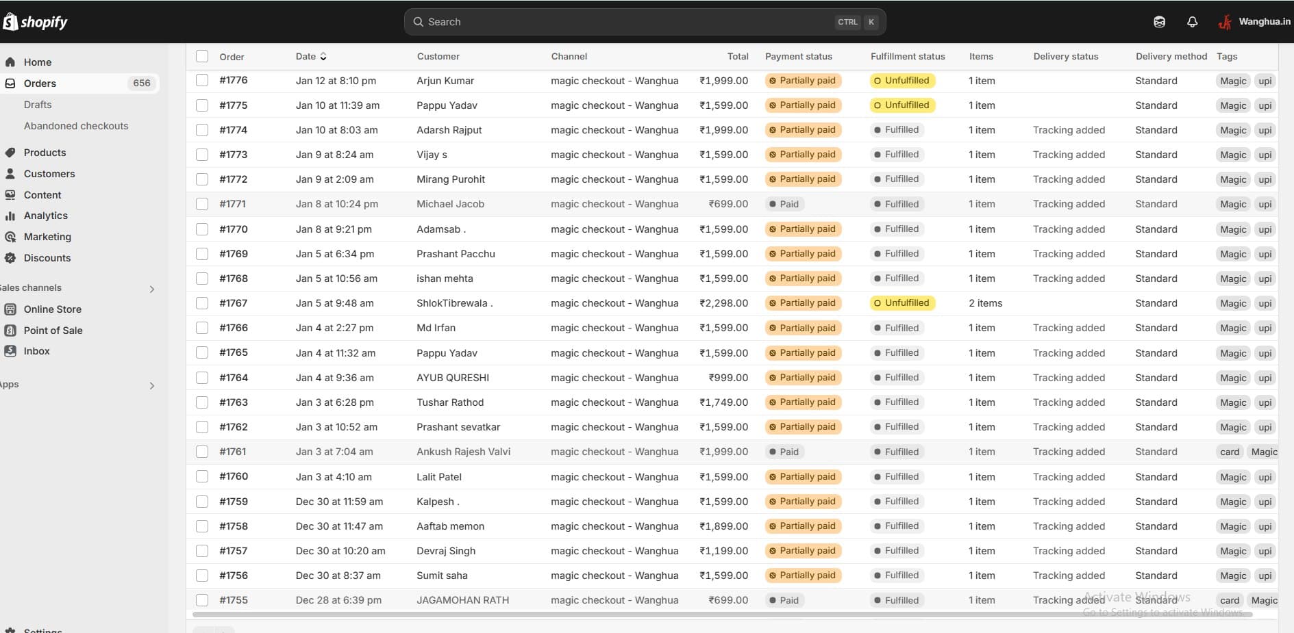 Shopify Orders showing Magic Checkout partial payment orders for Wanghua